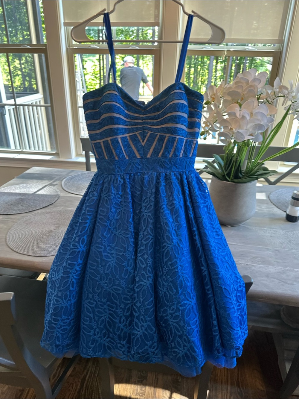 Royal Blue Lace Party Dress with Strappy Bodice